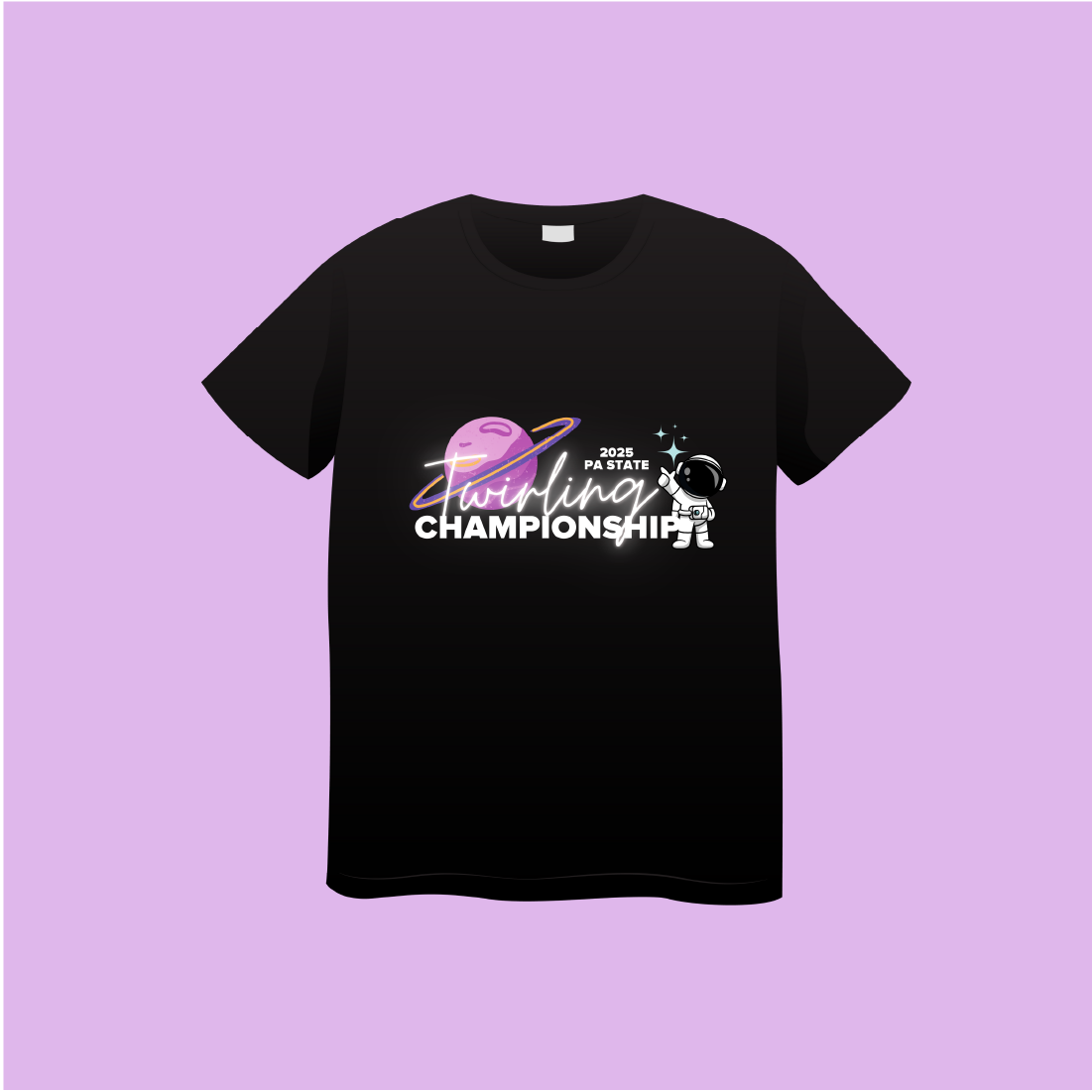 Black t-shirt with pink planet, astronaut cartoon, and 2025 PA States in white lettering