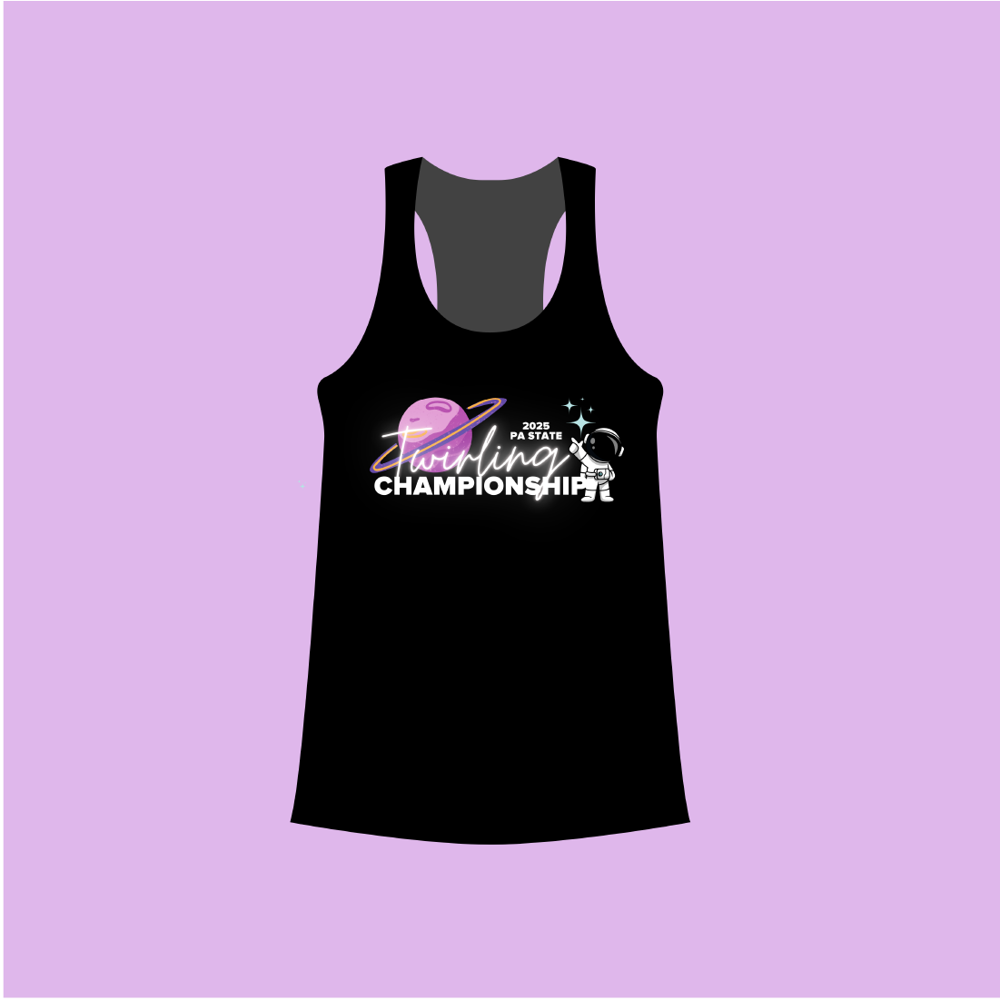 Black tank top with pink planet, astronaut cartoon, and 2025 PA States in white lettering