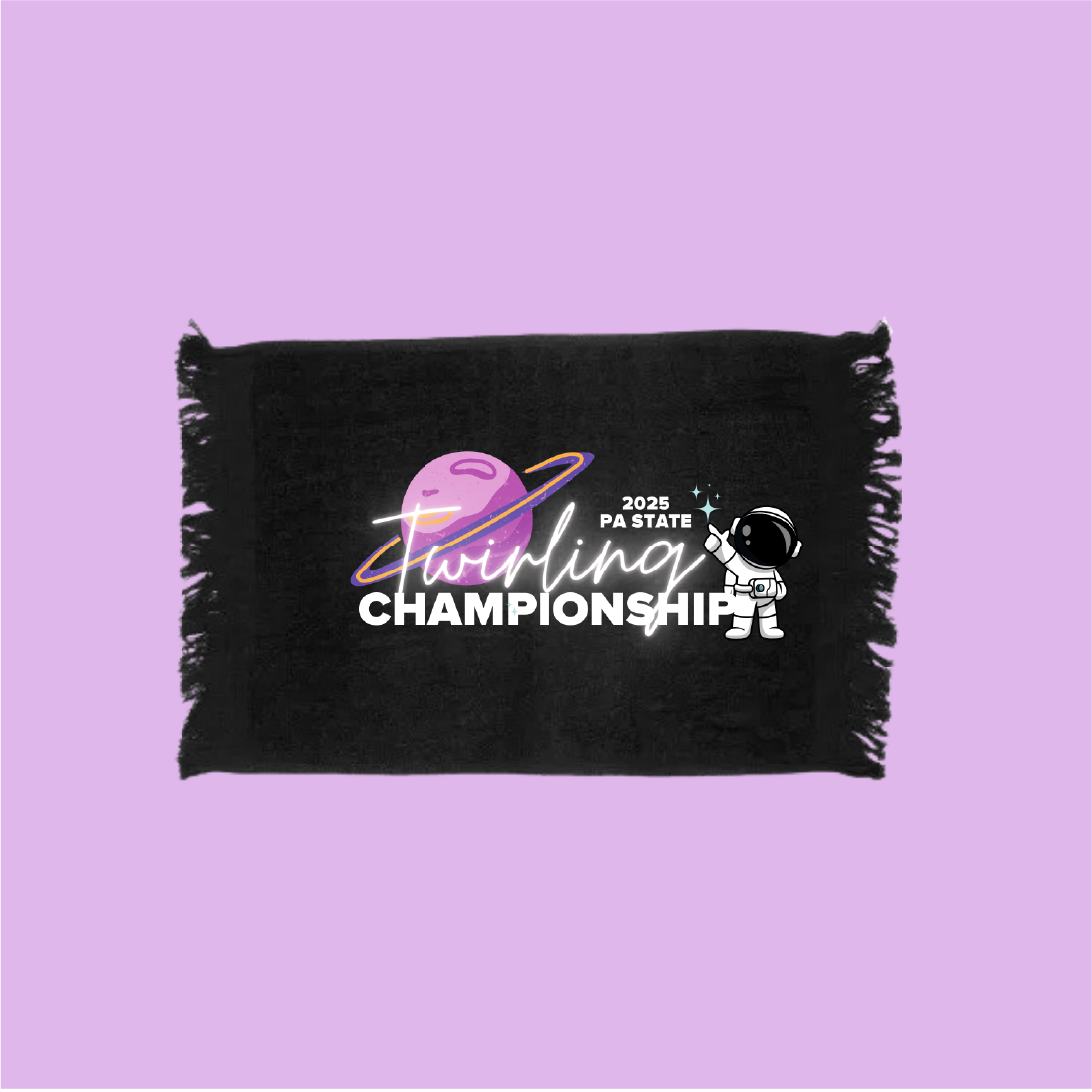 Small black towel with pink planet, astronaut cartoon, and 2025 PA States in white lettering
